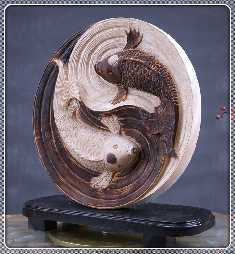 yidingge/熠鼎閣 【太極陰陽魚】香樟木工藝品 招財風水擺件 木雕工藝禮品